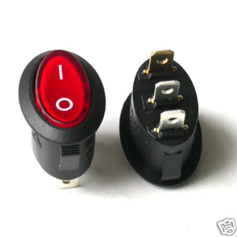 スナップインOFF-ON照明付き楕円形ロッカー3ピンスイッチ、赤または黒
