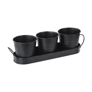 Black Color galvanized metal sets 3 garden and veranda home herb flower pots with tray