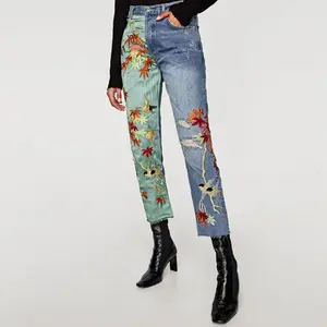 New Fashion Satin Embroidery High Waist Women Denim Jeans