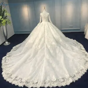 High collar lace patch 150 cm train muslim bridal wedding dress