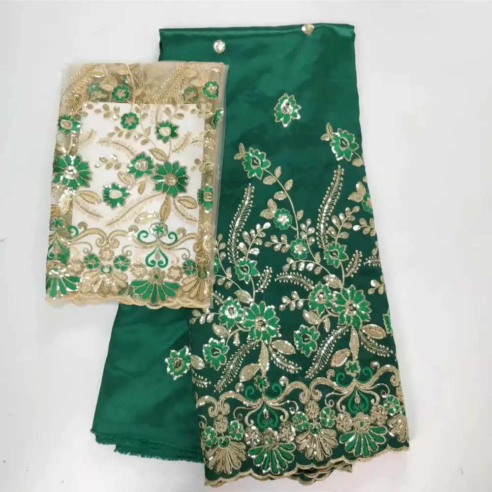 Party dress Green color Nigerian wholesale George wrappers with french lace blouse silk African George fabric