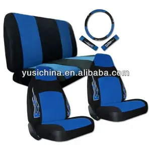 Capas de assento de carro de couro sintético, capas pretas azuis e azuis com chama traseira
