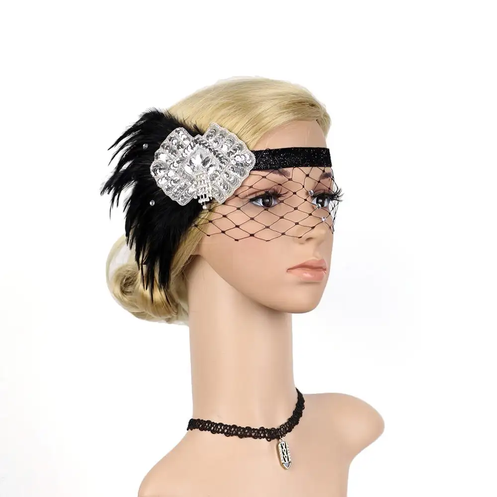Diadema de boda rugir 20 s nupcial con pluma de gran Gatsby de velo de novia accesorios para el cabello