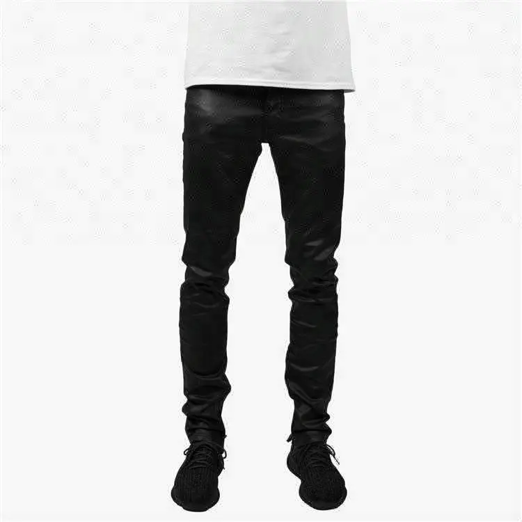 Royal Wolf Denim Jeans Fabrikant Custom Pu Denim Zwart Slim Fit Zip Opening Zwarte Coating Denim Mannen Jeans