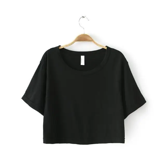 Tops cortos lisos de verano para mujer, camisetas negras de cuello redondo de media manga de algodón y poliéster, de fábrica en China, 2018