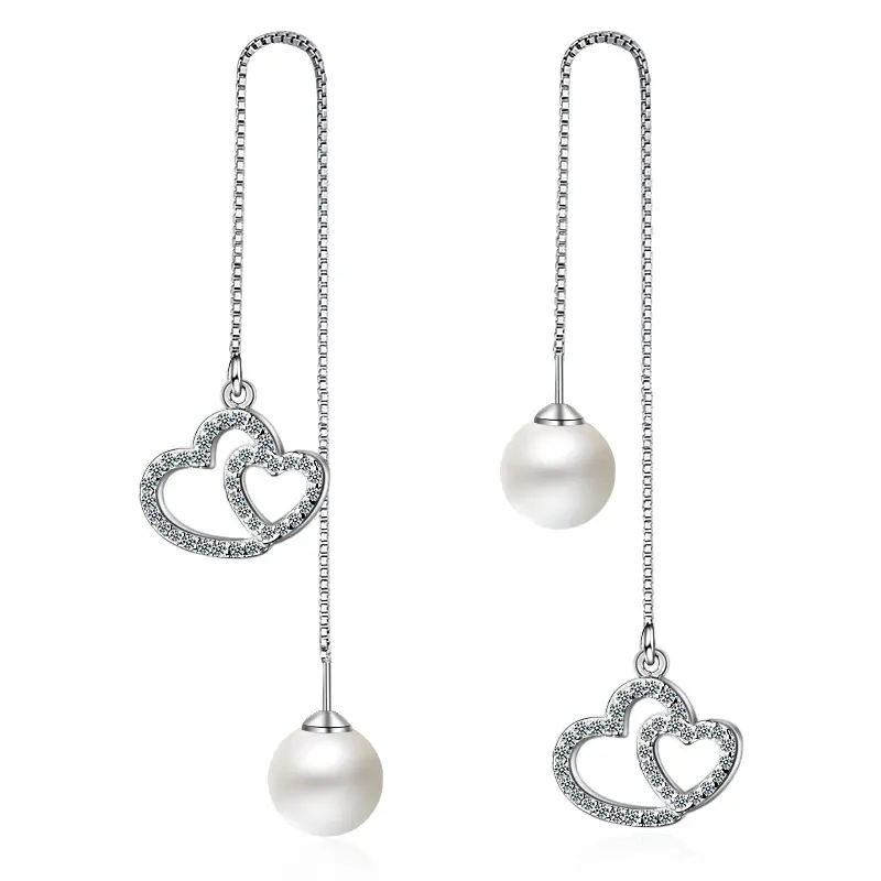 Temperament Long Tassel Pearl Stud Earrings Women Double Hart-shape Inlaid 5A Zircon Silver Earrings Fashion Jewelry Gifts