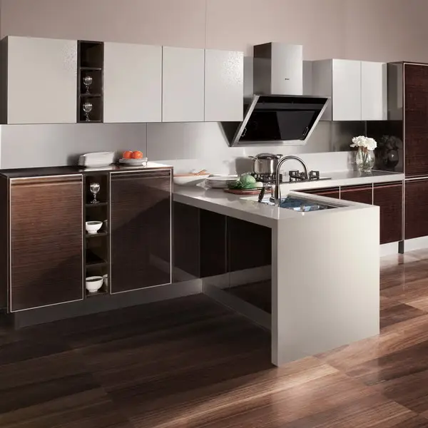 L shape wood veneer kitchen cabinet design with island