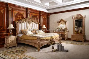 Ivory French Rococo Style Wooden King Size Bed, Royal Hand Carved Villa Bedroom Furniture(MOQ=1 SET)