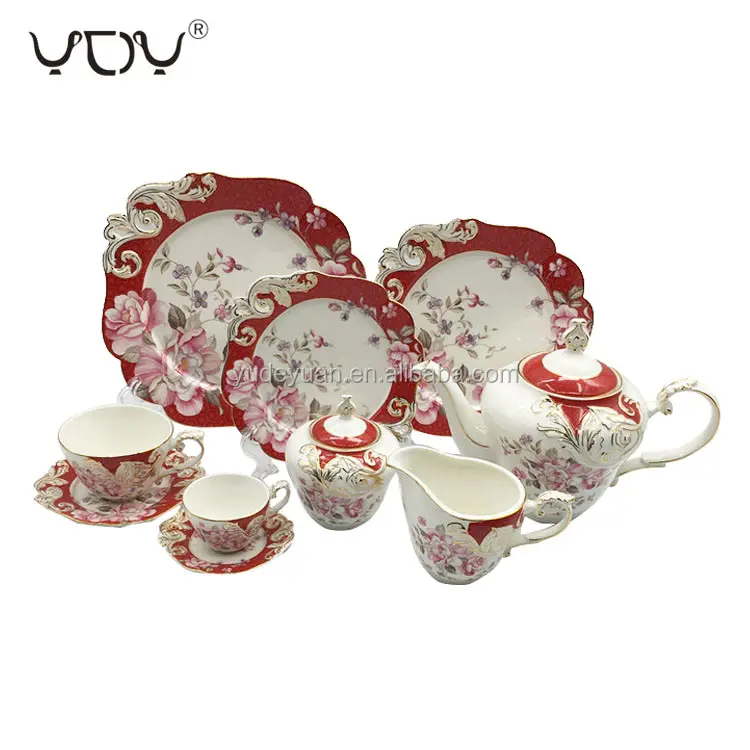 Service à café et thé en céramique, 24 pièces, fleurs, porcelaine rouge, européen, algérie, vente en gros