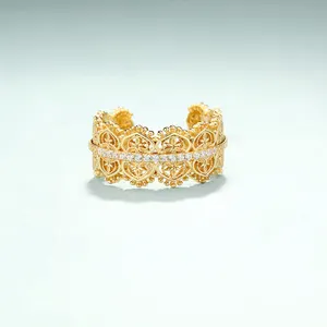 Vintage Gouden Sieraden 5A Cz Diamant 925 Zilveren Eternity Band Wedding Ring, Geel Goud Plating Hallow Patroon Ringen