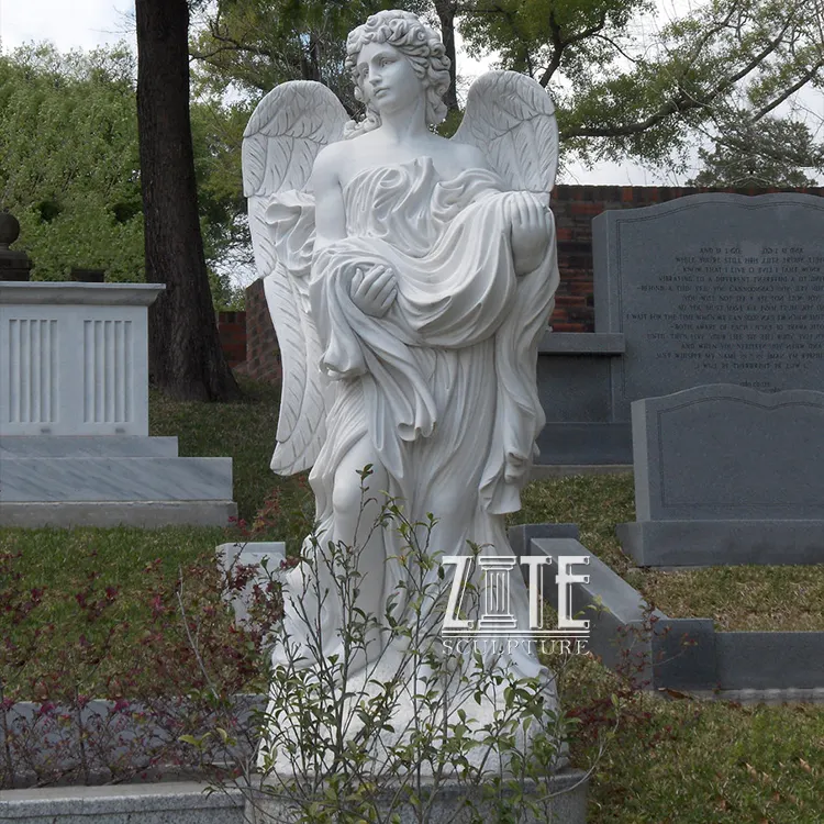 Hand geschnitzte Outdoor-Garten lebensgroße weiße Marmor Engel Statue
