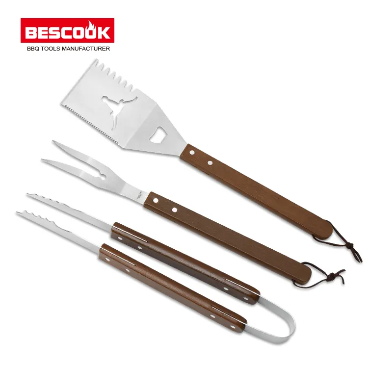 Großhandel 3PCS Outdoor tragbare Grill werkzeuge mit Holzgriff BBQ Tools Set