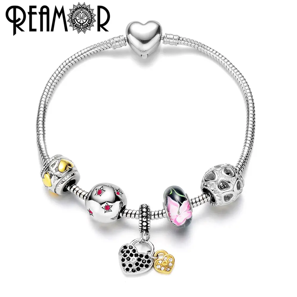 REAMOR-pulsera de acero inoxidable con cadena de serpiente para mujer, brazalete con cierre de corazón, colgante de Corazón Dorado, 316l