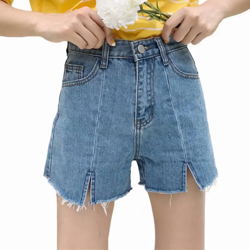 Koreanisch die lose Student hohe Taille schicke Hosen Hot pants Edge Split Denim Shorts Frauen