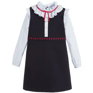 Children Girls Stitching Dress Long Sleeve Frill Ruffle Collar Princess Elegant