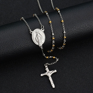 Gioielli europei di moda calda nuovo design 3mm 4mm perline in acciaio inox <span class=keywords><strong>oro</strong></span> <span class=keywords><strong>placcato</strong></span> argento lungo <span class=keywords><strong>rosario</strong></span> religioso a forma di croce - Product Image 3