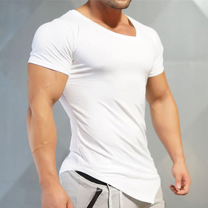 Wholesale Men's <strong>Funny</strong> Plain Muscle Bodybuilding Clothing Irregular Fitness Workout Training Black V-neck Short Sleeve Gym <strong>Tshirt</strong> - Product Image 4