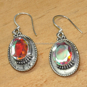 Pendientes hechos a mano de Plata de Ley 925 con piedras preciosas de topacio místico arcoíris forma ovalada clásica para bodas fiestas regalos niños - Product Image 2