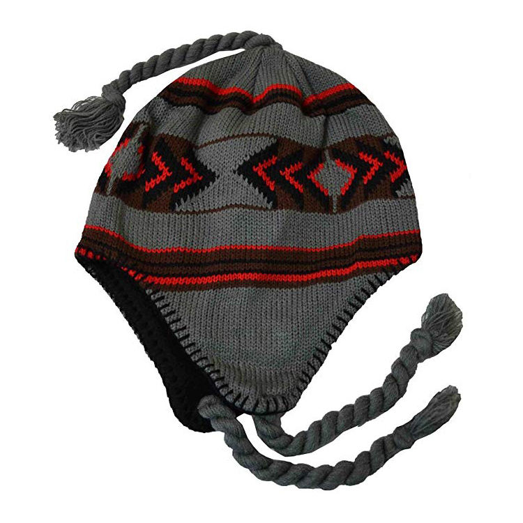 Men's Peruvian Helmet Style Earflap Knit Beanie Hat With String
