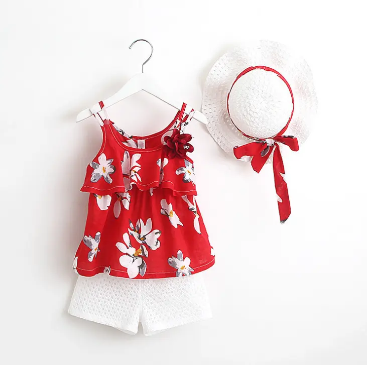 Hot Sale Summer Baby Shorts Red Floral Prints Top with Hat 3pcs Baby CLothing Set