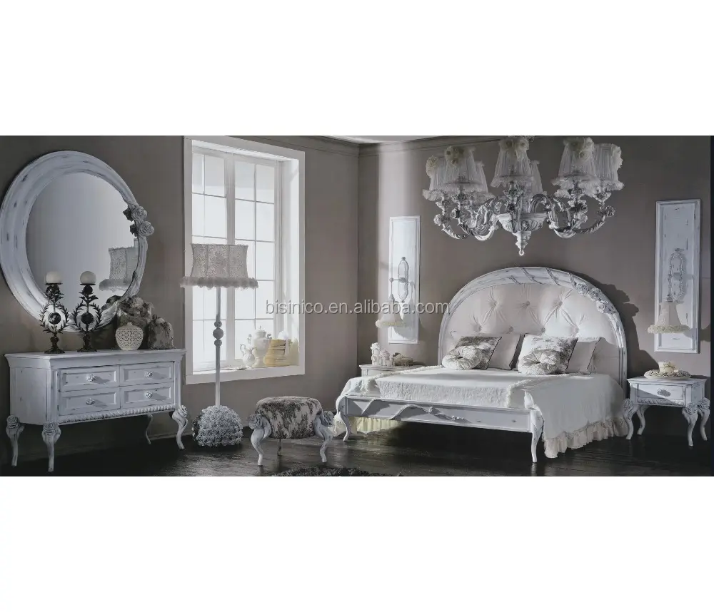 Italian Baroque Style Rose Design Antique White Upholstered Bed and Decoration Set