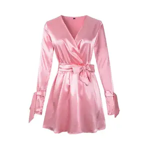 Robe courte en satin rose, couleur unie, élégante, manches longues, pour femmes, vêtement d'été