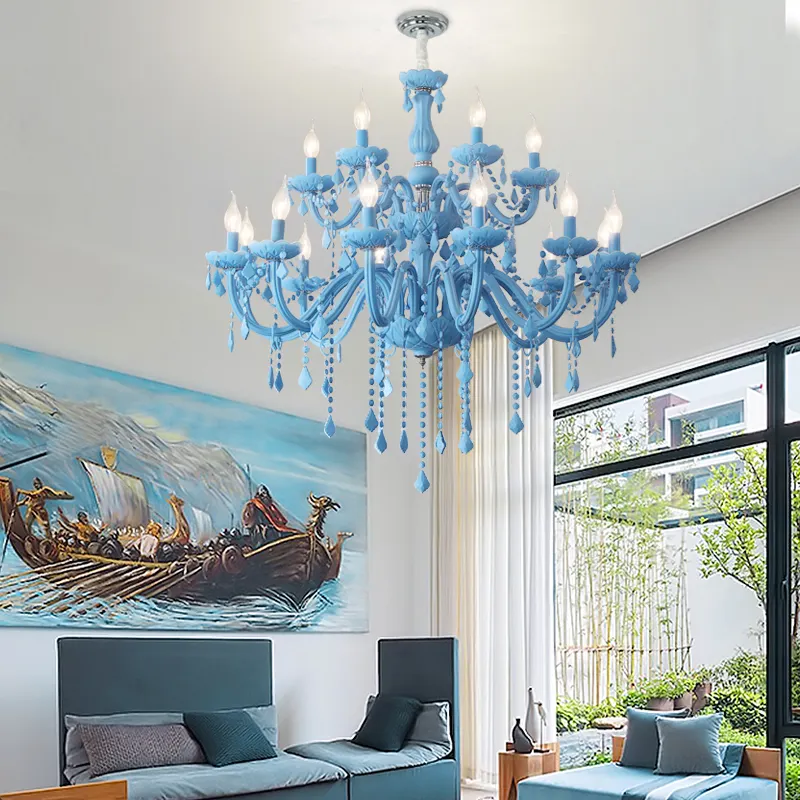 Lustre de cristal das crianças, candelabro moderno de decoração de macaron, quarto das crianças, iluminação, simples, céu azul, luminária pingente