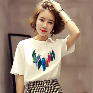 Camisetas para <span class=keywords><strong>mujer</strong></span>, camiseta de talla grande 3XL, camisetas de manga corta con estampado de plumas, camiseta coreana, camisetas Harajuku - Product Image 3