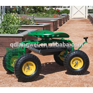 Chariot de jardin vert robuste avec siège roulant, plateau à outils et panier - Product Image 2
