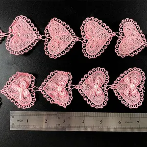 Beautiful Butterfly with Heart Pink Pearl Beaded embroidery Lace Crochet Applique For Wedding Dress Fabric