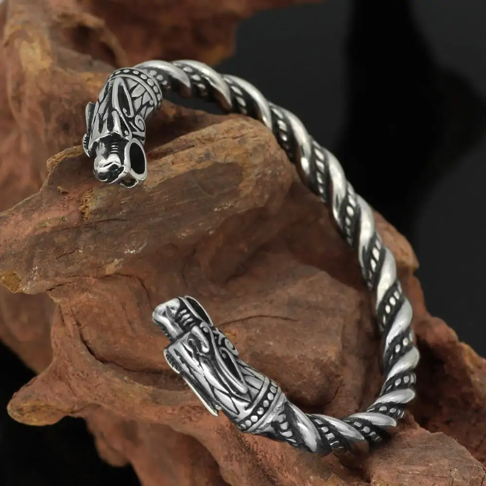 Gelang Kepala Naga Viking Pria, Perhiasan Gelang Stainless Steel untuk Pria