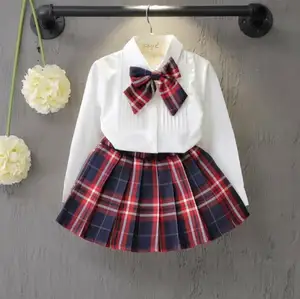 Professionele Gemaakt Lente Meisje Uniform Set Effen Kleur Overhemd Plus Plaid Rok Fabriek Directe Kinderen Schooluniform