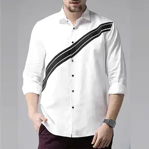 黒と白のビジネスカジュアルシャツメンズポリエステルオフィス長袖カスタムデザインシャツストライプ付き