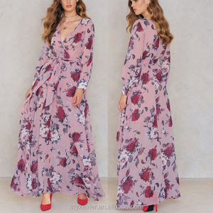 Maxi abito manica lunga da donna sexy con scollo a v stampato floreale con scollo a v e maniche lunghe - Product Image 1