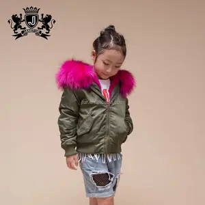 Wholesale Cheap Factory Price Faux Fur Lining Kids Bomber Jacket With Real Raccoon Fur Hood