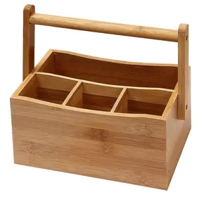 Bamboo Utensil Cutlery Caddy Organizer for Kitchen Countertop Storage with 4 Compartment Holder &Condiment Caddy, Napkin Holder