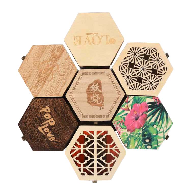 Искусственный неувядающий цветок, деревянная Подарочная коробка для хранения, рекламная Экологически чистая Маленькая деревянная резная восьмиугольная коробка с эфирным маслом ручной работы