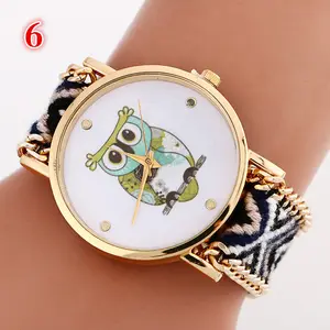 Relógio de amizade trançado à mão, novo, de alta qualidade, feito à mão, pulseira, relógio de tecido, mulheres, coruja