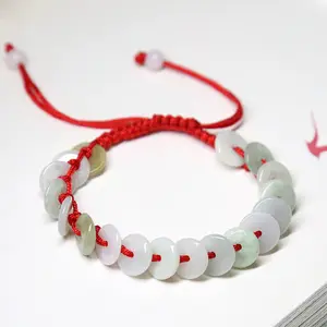 Wholesale china factory Natural myanmar 10mm green jade red rope woven bangle bracelets for sale