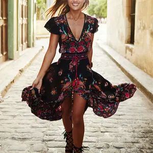 Vestidos sensuais para mulheres, alta qualidade novo design de verão gola em v vintage praia floral chiffon nacional vestidos