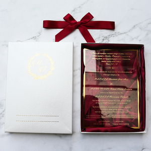 Élégante invitation de mariage en acrylique transparent avec feuille d'or, boîte et nœud en ruban de soie <span class=keywords><strong>bordeaux</strong></span> - Product Image 3