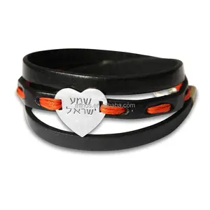 Pulsera Corazón de cuero y acero Shema Yisrael