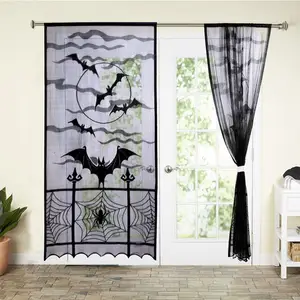 1 PCS Halloween Vorhänge Schwarz Fledermäuse Halloween Spitze Fenster Vorhang, Spooky Spitze Tür Vorhang Panels für Halloween Fenster