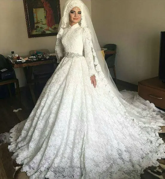 Arab Saudi Turki Gaun Pengantin Buatan Tangan Lengan Panjang Gaun Pengantin Renda Muslim Gaun Pengantin Gaun Pengantin Vestido De Noiva