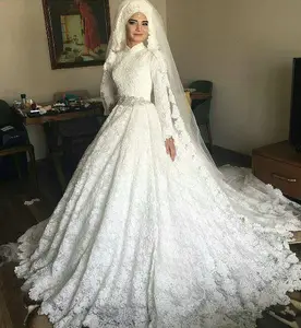 السعودية تركيا فستان زفاف يدوية طويل كم ثوب زفاف الدانتيل مسلم فستان الزفاف فستان الزفاف Vestido دي Noiva