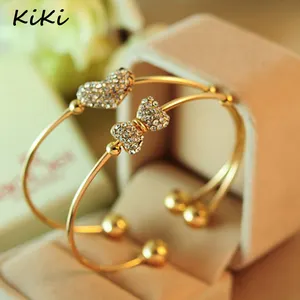 >>>Simple Design Thin Bowknot And Heart Charm Cuff Bangle For Women Wrist Bracelet Birthday Gift