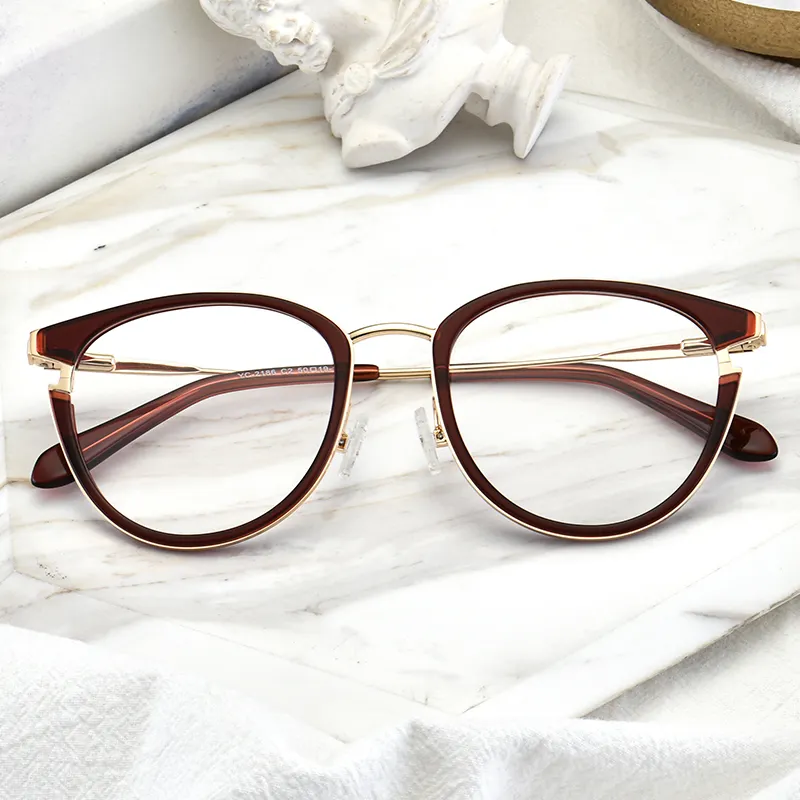 Fashionable italy designer acetate combine metal eyeglasses cat eye optical frames in stock thin spectacle eyewear