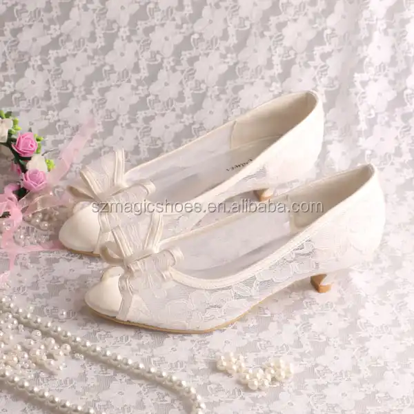 Amazon.com | Minishion Women's Low Heel Classic Ivory Lace Bridal Wedding  Shoes with Flowers US 4 | Shoes