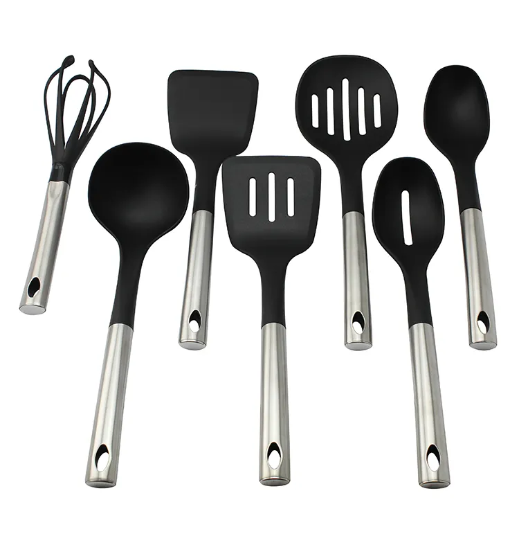 Utensilios de cocina profesionales de nailon para el hogar, conjunto de utensilios de cocina con mango de acero inoxidable