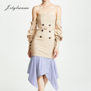 De <span class=keywords><strong>las</strong></span> mujeres al por mayor vestido sin tirantes rayada mantón botón cinturón delgado vestido de Midi - Product Image 5